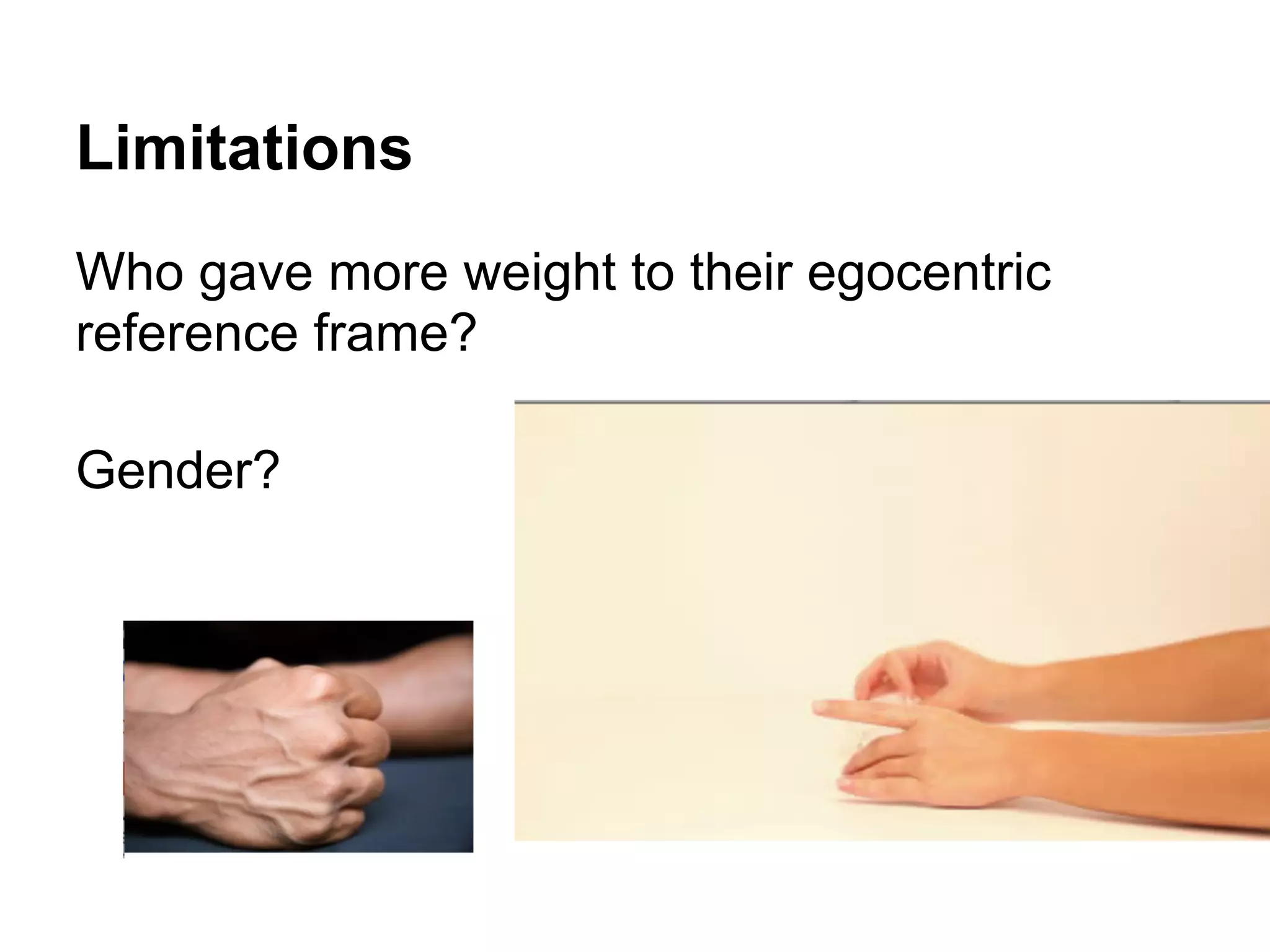 Limitations
Who gave more weight to their egocentric
reference frame?
Gender?
 