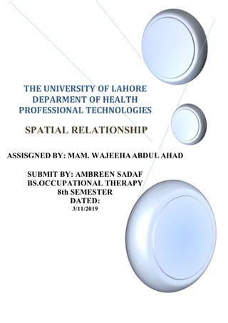 THE UNIVERSITY OF LAHORE
DEPARMENT OF HEALTH
PROFESSIONAL TECHNOLOGIES
SPATIAL RELATIONSHIP
ASSISGNED BY: MAM. WAJEEHAABDUL AHAD
SUBMIT BY: AMBREEN SADAF
BS.OCCUPATIONAL THERAPY
8th SEMESTER
DATED:
3/11/2019
 