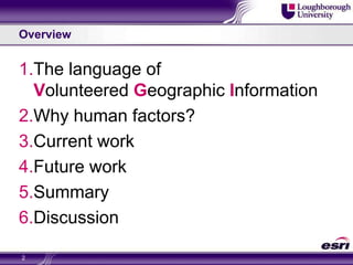 OverviewThe language of Volunteered Geographic InformationWhy human factors?Current workFuture workSummaryDiscussion2