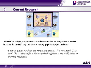 253	Current ResearchSIMGCs are less concerned about inaccuracies as they have a vested interest in improving the data - seeing gaps as opportunities:It has its faults but there are no glaring errors... It’s very much if you don’t like it you can fix it yourself which appeals to my, well, sense of working I suppose.