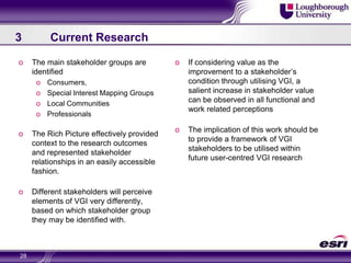 3	Current ResearchThe main stakeholder groups are identifiedConsumers, Special Interest Mapping GroupsLocal Communities ProfessionalsThe Rich Picture effectively provided context to the research outcomes and represented stakeholder relationships in an easily accessible fashion. Different stakeholders will perceive elements of VGI very differently, based on which stakeholder group they may be identified with.If considering value as the improvement to a stakeholder’s condition through utilising VGI, a salient increase in stakeholder value can be observed in all functional and work related perceptionsThe implication of this work should be to provide a framework of VGI stakeholders to be utilised within future user-centred VGI research 2828