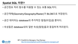 Spatial SQL 이란?
• 공간정보 처리 함수를 이용할 수 있는 보통 SQL이다.
• 공간객체(Geometry/Geography/Raster)가 BLOB으로 저장된다.
• 공간 데이터는 database의 추가적인 컬럼(타입)일 뿐이다.
• 속성들은 database내의 일반 속성(컬럼)들과 동일하게 처리된다.
출처: PostGIS for Managers, Paul Ramsey
http://s3.cleverelephant.ca/2014-postgis-for-managers.pdf
 