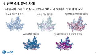 간단한 GIS 분석 사례
• 서울시내 8차선 이상 도로에서 500미터 이내의 지하철역 찾기
5
1) 도로 레이어 불러서 2) 8차선 이상 필터링 3) 선택도로 500미터 버퍼링
4) 지하철역 불러서 5) 버퍼도로 내의 지하철역 필터링
 