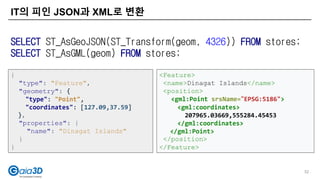 IT의 피인 JSON과 XML로 변환
52
SELECT ST_AsGeoJSON(ST_Transform(geom, 4326)) FROM stores;
SELECT ST_AsGML(geom) FROM stores;
{
"type": "Feature",
"geometry": {
"type": "Point",
"coordinates": [127.09,37.59]
},
"properties": {
"name": "Dinagat Islands"
}
}
<Feature>
<name>Dinagat Islands</name>
<position>
<gml:Point srsName=“EPSG:5186">
<gml:coordinates>
207965.03669,555284.45453
</gml:coordinates>
</gml:Point>
</position>
</Feature>
 