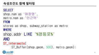 속성조건도 함께 필터링
55
SELECT
shop.nam as "매장명",
metro.nam as "인근역"
FROM
stores as shop, subway_station as metro
WHERE
shop.addr LIKE '%영등포%'
AND
ST_Intersects(
ST_Buffer(shop.geom, 500), metro.geom);
 