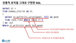전통적 로직을 그대로 구현한 SQL
8
select st.*
from subway_station as st,
(
select st_buffer(st_union(geom), 500) as geom
from road_link2 where lanes >= 8
) as buf
where st_within(st.geom, buf.geom)
8차선 이상 필터링
하나로 합쳐서 500미터 버퍼 생성
버퍼된 도로 위 지하철역 필터링
 