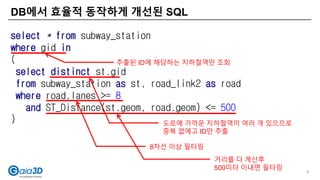 DB에서 효율적 동작하게 개선된 SQL
9
select * from subway_station
where gid in
(
select distinct st.gid
from subway_station as st, road_link2 as road
where road.lanes >= 8
and ST_Distance(st.geom, road.geom) <= 500
)
8차선 이상 필터링
거리를 다 계산후
500미터 이내면 필터링
도로에 가까운 지하철역이 여러 개 있으므로
중복 없에고 ID만 추출
추출된 ID에 해당하는 지하철역만 조회
 