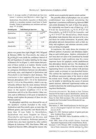 RIOFRÍO et al. – Spatial structure of epiphytic orchids                                     105

TABLE 2. Average number of individuals per host tree       orchids occur on particular species remain unclear.
  (mean ± variance) and Morisita´s index (I M ) for           The possible effect of phorophyte size on orchid
  Epidendrum, Pleurothallis, Lepanthes or Masdevallia      establishment was explored calculating the
  orchids in a secondary montane cloud forest in South     Spearman’s correlation coefficient (rS) between DBH
  Ecuador. Values in parentheses are minimum and max-      and orchid abundance for each of these four genera.
  imun. ***: P<0.001.                                      No relationship was found in any of them (rS= -0.12
                                                           P=0.42 for Epidendrum, r S =0.15, P=0.27 for
                                                           Pleurothallis, rS=0.09 P=0.52 for Lepanthes, and
                                                           r S =0.17 P=0.37 for Masdevallia), which means
                                                           phorophyte trunk diameter does not seem to be a cru-
                                                           cial factor for orchid colonization. At present, other
                                                           phorophyte physical characteristics such as bark sta-
                                                           bility and roughness, and substrate moisture condi-
                                                           tions are being investigated.
                                                               In conclusion, this study shows the existence of
phytes was greater than eight (Diggle 1983, Wiegand        different patterns of presence and abundance depen-
& Moloney 2004). For Pleurothallis, the values of          ding on each orchid genus. Anyhow, colonization of
K21(r)-K22(r) were inside the confidence interval of       new trees does not seem to be constrained by limited
the null hypothesis of random labelling for the range      seed dispersal. Light conditions may be a more
                                                           important factor for epiphytic orchid establishment
of distances 0-5 m (Figure 1), which means that pres-
                                                           than phorophyte identity and size. The abundance of
ence of these orchids is at random. Similar results
                                                           orchids in the lower section of the tree trunks in this
were obtained for Epidendrum. Thus, since there is
                                                           regenerating forest is in clear contrast with previous
no contagious distribution between one phorophyte
                                                           reports made on primary or non-disturbed forests.
and nearby trees, seed dispersal in Epidendrum and
                                                           This outlines the importance of taking into account
Pleurothallis is not limited to short distances. This
                                                           the different succession states of the forest in which
conclusion is also supported by mean distance
                                                           the orchids occur. Finally, although pattern analysis
between phorophytes (4.0 ± 5.6 m for Epidendrum
                                                           can be helpful in identifying the causes of present
and 4.5 ± 6.8 m for Pleurothallis), which is not sig-
                                                           spatial structure, additional experimental studies are
nificantly different than the mean distance between
                                                           needed to determine the underlying processes origina-
all trees in the plots (4.7 ± 2.5 m), and maximum dis-
                                                           ting these distributions.
tance to the nearest neighbour (13.2 m for
Epidendrum and 6.9 m for Pleurothallis). Other rea-        A CKNOWLEDGEMENTS . We thank to Fani Tinitana
                                                           Imaicela for her help in species identification, and the stu-
sons, such as differences in life cycle or reproductive
                                                           dents Diana Cecilia Guamán and Elizabeth Alexandra
biology could explain the presence of these two dis-       Pauta for their field assistance. This work was partially
tribution patterns.                                        funded by the Universidad Técnica Particular de Loja.
   No phorophyte specificity was observed for any of
                                                           LITERATURE CITED
the epiphytic orchids included in the study.               Díaz-Santos, F. 2000. Orchid preference for host tree gen-
Epidendrum and Pleurothallis grew on more than 20            era in a Nicaraguan tropical rain forest. Selbyana
different genera, and Lepanthes and Masdevallia on           21(1,2): 25-29.
more than 10 (see Table 1). Nevertheless,                  Diggle, P.J. 1983. Statistical analysis of spatial point pat-
Epidendrum was more frequent on Clusia,                      terns. Academic Press, London.
Pleurothallis and Lepanthes on Miconia, and                Dodson, C.H. 1994-2003. Native Ecuadorian orchids. 4 v.
                                                             Colina, Quito.
Masdevallia on Psammisia. Preference patterns in
                                                           FAO. 2005. State of the world’s forests. Food and
orchids have also been reported by other authors             Agriculture Organization of the United Nations, Roma.
(Migenis & Ackerman 1993, Díaz-Santos 2000, and            Goreaud, F. & R. Pélissier. 2003. Avoiding misinterpreta-
Trapnell & Hamrick 2006), although the reasons why           tion of biotic interactions with the intertype K12-func-

                                                           LANKESTERIANA 7(1-2), marzo 2007. © Universidad de Costa Rica, 2007.
 