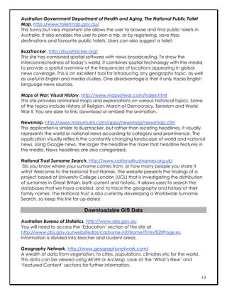 Australian Government Department of Health and Aging, The National Public Toilet
Map, http://www.toiletmap.gov.au/
This funny but very important site allows the user to browse and find public toilets in
Australia. It also enables the user to plan a trip, or by registering, save trips,
destinations and favourite public toilets. Users can also suggest a toilet.

BuzzTracker, http://buzztracker.org/
This site has combined spatial software with news broadcasting. To show the
interconnectedness of today’s world, it combines spatial technology with the media
to provide a spatial overview of the frequencies of locations appearing in global
news coverage. This is an excellent tool for introducing any geography topic, as well
as useful in English and media studies. One disadvantage is that it only tracks English
language news sources.

Maps of War: Visual History, http://www.mapsofwar.com/index.html
This site provides animated maps and explanations on various historical topics. Some
of the topics include History of Religion, March of Democracy, Terrorism and World
War II. You are able to link, download or embed the animation.

Newsmap, http://www.marumushi.com/apps/newsmap/newsmap.cfm
This application is similar to Buzztracker, but rather than locating headlines, it visually
represents the world or national news according to category and prominence. The
application visually reflects the constantly changing landscape of world and national
news. Using Google news, the larger the headline the more that headline features in
the media. News headlines are also categorized.

National Trust Surname Search, http://www.nationaltrustnames.org.uk/
 Do you know where your surname comes from, or how many people you share it
with? Welcome to the National Trust Names. The website presents the findings of a
project based at University College London (UCL) that is investigating the distribution
of surnames in Great Britain, both current and historic. It allows users to search the
databases that we have created, and to trace the geography and history of their
family names. The National Trust is also currently developing a Worldwide Surname
Search, so keep this link for up-dates!

                               Downloadable GIS Data

Australian Bureau of Statistics, http://www.abs.gov.au
You will need to access the ‘Education’ section of the site at
http://www.abs.gov.au/websitedbs/cashome.nsf/Home/Entry%20Page.es.
Information is divided into teacher and student areas.

Geography Network, http://www.geographynetwork.com/
A wealth of data from vegetation, to cities, populations, climates etc for the world.
This data can be viewed using AEJEE or ArcMap. Look at the ‘What’s New’ and
‘Featured Content’ sections for further information.

                                                                                          13
 