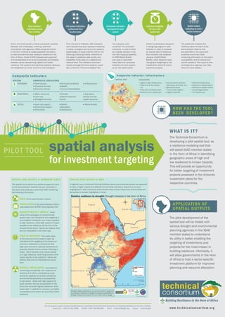 PILOT TOOL spatial analysis
for investment targeting
The Technical Consortium is
developing a pilot spatial tool, as
a resilience modeling tool that
will assist IGAD member states
in the Horn of Africa in identifying
geographic areas of high and
low resilience to known hazards.
This will provide an opportunity
for better targeting of investment
projects proposed in the drylands
investment plans for the
respective countries.
WHAT IS IT?
HOW HAS THE TOOL
BEEN DEVELOPED?
Drought hotspots (likelihood of occurrence and lack of resilience)
is a product of likelihood of drought occuring and susceptibility to
drought divided by the inverse of time to revover after a drought.
Relative resilience to drought: Drought hotspots in the Horn of Africa
Data inventory
undertaken across
Horn of Africa
165 system indicators
synthesised from
baseline data
Indicators weighted
for use in the
spatial tool
Composite indicators
developed for each
system
Spatial output,
indicating an area’s
relative resilience
The spatial tool analyzes the
resilience layers for each of the
administration districts that
are submitted in the query and
produces a summary table
containing information on the area’s
susceptibility, time to recover and
overall resilience. The output is then
illustrated as a regional map. (See
below for more details.)
The pilot development of the
spatial tool will be trialed with
various drought and environmental
planning agencies in the IGAD
member states to understand
its utility in better enabling the
targeting of investments and
projects for the most impact in
building resilience. Ultimately, it
will allow governments in the Horn
of Africa to host a sector-speciﬁc
investment platform for improved
planning and resource allocation.
Over a six-month period, a robust scoping for available
datasets was undertaken, entailing extensive
consultation with agencies, NGOs and governments
in the Horn of Africa to collate available information
on data sources that best represent resilience in the
Horn of Africa. A total of 452 datasets were acquired
and standardized so as to be comparable and scalable
between values representing highest and lowest
resilience. The systems framing these baseline datasets
are designated as social, economic and ecological.
From the pool of datasets, 165 indicators
were selected that best represent resilience
in social, ecological and economic systems,
based largely on expert opinion and on the
following underlying criteria: relevance to
the region’s resilience; data quality and
availability of the data on a regional and
national level. The indicators were then
divided amongst the three systems: social
(51), economic (73) and ecological (41).
Careful consideration was given
in assigning weights to each
indicator in order to compose
an overall index of resilience.
Each indicator was weighted
using an ArcGIS Model
Builder, which allows for easy
changing of weightings at two
classiﬁcation levels for future
sensitivity analysis.
The indicators were
combined into composite
indicators, in order to allow
for multiple overlays in line
with GIS mapping capability.
An ESRI Model Builder
was used to assimilate
these data into composite
indicators for each system,
as per the tables below:
SYSTEM COMPOSITE INDICATORS
ECONOMIC ● Trade access
● Financial services
● Economic shocks
● Financial conditions
● Wealth
● Income diversiﬁcation
● Infrastructure
ECOLOGICAL ● Water resources
● Land use
● Ecological services
● Climate
● Natural resource
shocks
● Population
density and per
capita resources
SOCIAL ● Land use support
● Community support
● Information
● Health
● Education
● Governance
● Social shocks
Composite indicators
AREA of the administration district
POPULATION of the administration district
(calculated from AfriPOP 2010 adjusted UN)
SUSCEPTIBILIT Y/IMPACT: mean
value of the ecological or environmental
system layer (as indicated by the weighting of
its ecological indicators). Low impact equates
to high resilience, while high values of impact
equates to low resilience, at the time of the
environmental shock. Values are relative; they
are not interpreted in any other way.
TIME TO RECOVER: The mean value
of the socio-economic systems layer (as
indicated by the weighting of its social and
economic indicators) is inverted so that
high socio-economic capacity represents an
expected shorter time to recover following a
shock. Short recovery time values equate
to a high resilience, while long recovery time
values equate to low resilience. Values are
relative; they are not interpreted to actual
time.
OVERALL RESILIENCE: calculated by
combining susceptibility with measures of
recovery time (this is computed as socio-
economic capacity for recovery divided by
environmental-sensitivity or susceptibility
to the shock). Areas with high capacity for
quick recovery and low susceptibility to the
shock are accorded highest resilience; while
areas poor in capacity for recovery and highly
susceptible to the shock are accorded lowest
resilience.
APPLICATION OF
SPATIAL OUTPUTS
SPATIAL TOOL OUTPUT 1: SUMMARY TABLE
TIME TO RECOVER:
Building Resilience in the Horn of Africa
For any queries, please contact Dr Katie Downie, Coordinator of the Technical Consortium for Building Resilience in the Horn of Africa.
Direct line: +254 20 422 3066 Mobile: +254 708 985 664 Email: k.downie@cgiar.org Skype: kdowniengini www.technicalconsortium.org
SPATIAL TOOL OUTPUT 2: MAP
A regional map is produced showing locations where environmental shocks are expected
to have a higher impact and affected communities will take a long time to recover
(highlighted in red), and areas where shocks have a lower impact and communities will
be quicker to recover (highlighted in blue).
The spatial tool analyzes the resilience layers for each
of the administration districts that are submitted in
the query and produces a summary table containing
the following information:
• Lights at night infrastructure
• Travel time to the nearest
city
• Road and rail infrastructure
• Distance to the nearest port
• Communication (internet,
cell phones, land lines, etc.)
• Agricultural inputs
• % land under irrigation
• Irrigation potential
• Electrical infrastructure
• Distance to nearest airport
• Distance to nearest market
• Crop storage facilities
• Air infrastructure
Composite indicator: Infrastructure
INDICATORSSPATIAL MAP
SOCIAL
ECOLOGICAL
ECONOMIC • Lights at night infrastructure
• Travel time to the nearest
city
• Road and rail infrastructure
• Distance to the nearest port
 