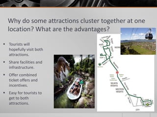 Why do some attractions cluster together at one
location? What are the advantages?
 Tourists will
hopefully visit both
attractions.
 Share facilities and
infrastructure.
 Offer combined
ticket offers and
incentives.
 Easy for tourists to
get to both
attractions.
 