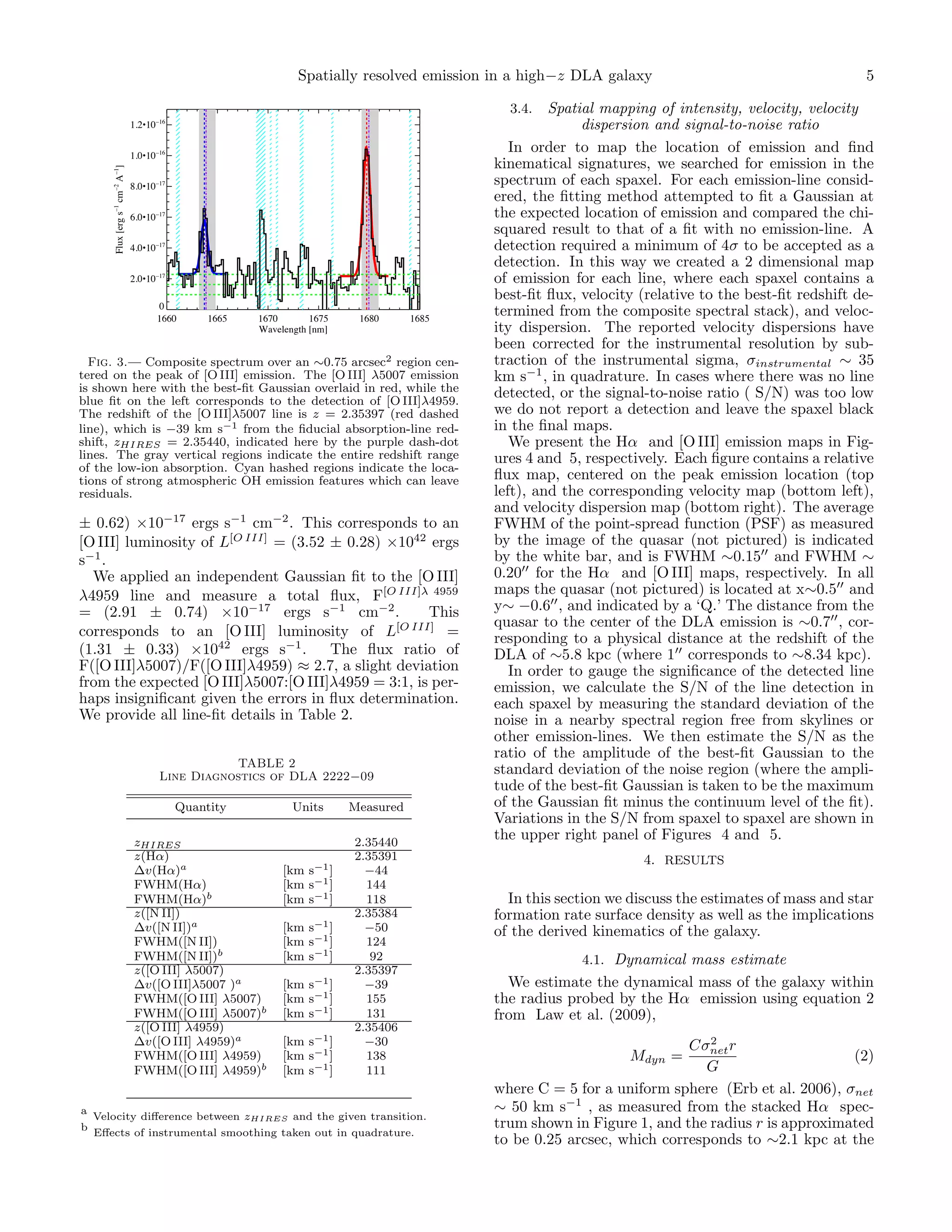 Spatially resolved emission in a high−z DLA galaxy

5

Spatial mapping of intensity, velocity, velocity
dispersion and signal-to-noise ratio
In order to map the location of emission and ﬁnd
kinematical signatures, we searched for emission in the
spectrum of each spaxel. For each emission-line considered, the ﬁtting method attempted to ﬁt a Gaussian at
the expected location of emission and compared the chisquared result to that of a ﬁt with no emission-line. A
detection required a minimum of 4σ to be accepted as a
detection. In this way we created a 2 dimensional map
of emission for each line, where each spaxel contains a
best-ﬁt ﬂux, velocity (relative to the best-ﬁt redshift determined from the composite spectral stack), and velocity dispersion. The reported velocity dispersions have
been corrected for the instrumental resolution by subtraction of the instrumental sigma, σinstrumental ∼ 35
km s−1 , in quadrature. In cases where there was no line
detected, or the signal-to-noise ratio ( S/N) was too low
we do not report a detection and leave the spaxel black
in the ﬁnal maps.
We present the Hα and [O III] emission maps in Figures 4 and 5, respectively. Each ﬁgure contains a relative
ﬂux map, centered on the peak emission location (top
left), and the corresponding velocity map (bottom left),
and velocity dispersion map (bottom right). The average
FWHM of the point-spread function (PSF) as measured
by the image of the quasar (not pictured) is indicated
by the white bar, and is FWHM ∼0.15 and FWHM ∼
0.20 for the Hα and [O III] maps, respectively. In all
maps the quasar (not pictured) is located at x∼0.5 and
y∼ −0.6 , and indicated by a ‘Q.’ The distance from the
quasar to the center of the DLA emission is ∼0.7 , corresponding to a physical distance at the redshift of the
DLA of ∼5.8 kpc (where 1 corresponds to ∼8.34 kpc).
In order to gauge the signiﬁcance of the detected line
emission, we calculate the S/N of the line detection in
each spaxel by measuring the standard deviation of the
noise in a nearby spectral region free from skylines or
other emission-lines. We then estimate the S/N as the
ratio of the amplitude of the best-ﬁt Gaussian to the
standard deviation of the noise region (where the amplitude of the best-ﬁt Gaussian is taken to be the maximum
of the Gaussian ﬁt minus the continuum level of the ﬁt).
Variations in the S/N from spaxel to spaxel are shown in
the upper right panel of Figures 4 and 5.
3.4.

16

1.0•10

16

8.0•10

17

6.0•10

17

4.0•10

17

2.0•10

Flux [erg s 1 cm 2 A 1]

1.2•10

17

0
1660

1665

1670
1675
Wavelength [nm]

1680

1685

Fig. 3.— Composite spectrum over an ∼0.75 arcsec2 region centered on the peak of [O III] emission. The [O III] λ5007 emission
is shown here with the best-ﬁt Gaussian overlaid in red, while the
blue ﬁt on the left corresponds to the detection of [O III]λ4959.
The redshift of the [O III]λ5007 line is z = 2.35397 (red dashed
line), which is −39 km s−1 from the ﬁducial absorption-line redshift, zHIRES = 2.35440, indicated here by the purple dash-dot
lines. The gray vertical regions indicate the entire redshift range
of the low-ion absorption. Cyan hashed regions indicate the locations of strong atmospheric OH emission features which can leave
residuals.

± 0.62) ×10−17 ergs s−1 cm−2 . This corresponds to an
[O III] luminosity of L[O III] = (3.52 ± 0.28) ×1042 ergs
s−1 .
We applied an independent Gaussian ﬁt to the [O III]
λ4959 line and measure a total ﬂux, F[O III]λ 4959
= (2.91 ± 0.74) ×10−17 ergs s−1 cm−2 .
This
corresponds to an [O III] luminosity of L[O III] =
(1.31 ± 0.33) ×1042 ergs s−1 .
The ﬂux ratio of
F([O III]λ5007)/F([O III]λ4959) ≈ 2.7, a slight deviation
from the expected [O III]λ5007:[O III]λ4959 = 3:1, is perhaps insigniﬁcant given the errors in ﬂux determination.
We provide all line-ﬁt details in Table 2.
TABLE 2
Line Diagnostics of DLA 2222−09
Quantity
zHIRES
z(Hα)
∆v(Hα)a
FWHM(Hα)
FWHM(Hα)b
z([N II])
∆v([N II])a
FWHM([N II])
FWHM([N II])b
z([O III] λ5007)
∆v([O III]λ5007 )a
FWHM([O III] λ5007)
FWHM([O III] λ5007)b
z([O III] λ4959)
∆v([O III] λ4959)a
FWHM([O III] λ4959)
FWHM([O III] λ4959)b
a
b

Units

[km s−1 ]
[km s−1 ]
[km s−1 ]
s−1 ]

[km
[km s−1 ]
[km s−1 ]
[km s−1 ]
[km s−1 ]
[km s−1 ]
[km s−1 ]
[km s−1 ]
[km s−1 ]

Measured
2.35440
2.35391
−44
144
118
2.35384
−50
124
92
2.35397
−39
155
131
2.35406
−30
138
111

Velocity diﬀerence between zHIRES and the given transition.
Eﬀects of instrumental smoothing taken out in quadrature.

4. RESULTS

In this section we discuss the estimates of mass and star
formation rate surface density as well as the implications
of the derived kinematics of the galaxy.
4.1. Dynamical mass estimate

We estimate the dynamical mass of the galaxy within
the radius probed by the Hα emission using equation 2
from Law et al. (2009),
2
Cσnet r
(2)
G
where C = 5 for a uniform sphere (Erb et al. 2006), σnet
∼ 50 km s−1 , as measured from the stacked Hα spectrum shown in Figure 1, and the radius r is approximated
to be 0.25 arcsec, which corresponds to ∼2.1 kpc at the

Mdyn =

 