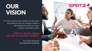 OUR
VISION
To increase startup team cohesion and interaction
(psychological safety) by creating a toolkit to
self-manage and monitor our spats,
disputes and founder conflict
“65% of startup teams
fail due to founder conflict”
Prof. Noam Wasserman
THE FOUNDER’S DILEMMAS
 
