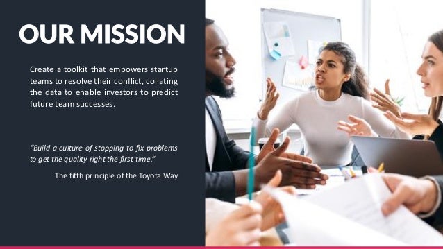 OUR MISSION
Create a toolkit that empowers startup
teams to resolve their conflict, collating
the data to enable investors...