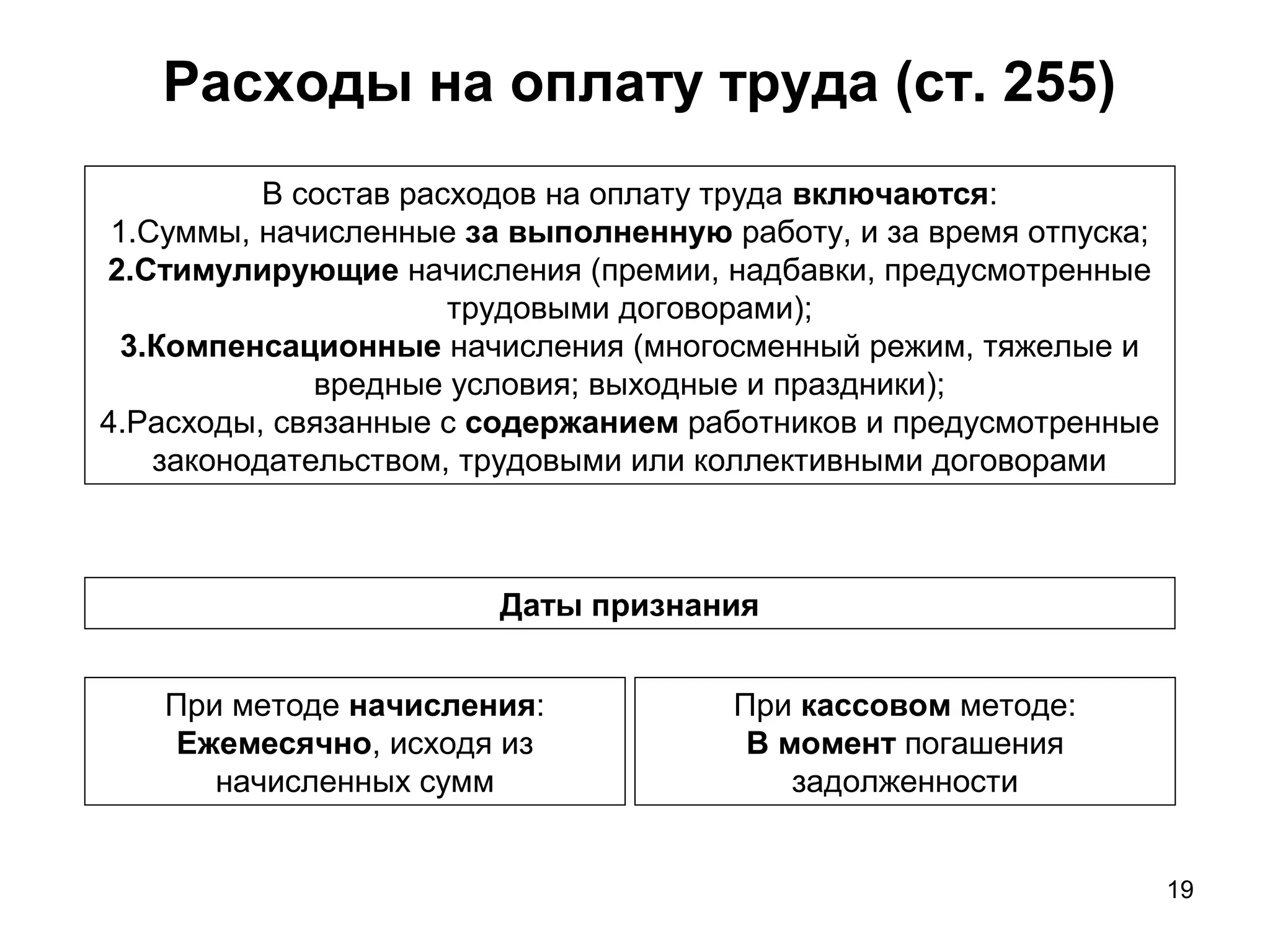 19
Расходы на оплату труда (ст. 255)
В состав расходов на оплату труда включаются:
1.Суммы, начисленные за выполненную работу, и за время отпуска;
2.Стимулирующие начисления (премии, надбавки, предусмотренные
трудовыми договорами);
3.Компенсационные начисления (многосменный режим, тяжелые и
вредные условия; выходные и праздники);
4.Расходы, связанные с содержанием работников и предусмотренные
законодательством, трудовыми или коллективными договорами
Даты признания
При методе начисления:
Ежемесячно, исходя из
начисленных сумм
При кассовом методе:
В момент погашения
задолженности
 