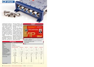 supplémentaire et gâcher la
joie de zapping . Pas du tout,
ils sont extrêmement rapide.
Pour résumer: La performance actuelle des multiswitch SCR de SPAUN correspond
réellement
aux
spécifications techniques .
Le signal de sortie est très
propre , puissant et son rapport d’erreur de modulation
est légèrement moins bon
à la sortie qu’à l’entrée du
système - Une tete ( LNB)
Quattro .
Il existe de nombreux modèles dans la gamme de produits SPAUN : avec ou sans
amplification , adapté pour
quatre, huit, neuf (3x3) ou

même dix récepteurs ( 8x1
+ 2x LEGACY ) de sorte que
vous pouvez obtenir une solution pour n’importe quelle
application .
Si vous avez besoin de
connecter plus de récepteurs
que peut fournir un seul
module , vous pouvez utiliser les sorties de tronc du
multiswitch SCR qui répètent
les signaux de tète (LNB) et
brancher un autre multiswitch . En outre, vous pouvez
facilement utiliser une combinaison de multiswitchs SCR
classiques si certains récepteurs dans le système de
distribution ne gèrent pas le
signal du câble unique.

TECHNICAL
DATA

Manufacturer	

SPAUN electronic GmbH & Co. KG, Germany

Web	www.spaun.com

expert
OPINION

SPAUN SUS 5581 NFA, SUS 5581/33
NFA LEGACY, SUS 4441 F, SUS 4481 F,
SUS 5541 F & SUS 5541 NFA

RECOMMENDED
PRODUCT BY

Jacek Pawlowski
Test Center
Poland

+ De nombreux modèles permettent une optimisation facile de
votre système de distribution
Très bonne performance correspondant aux spécifications
Très bonne performance en bruit
Superbe finition

– Aucun

E-mail	contact@spaun.com
Phone / Fax	

+49-7731-8673-0 / +49-7731-8673-17

Model	

SUS 5581/33 NFA LEGACY	

Inputs SAT/TERR	
Through loss 5...862 MHz	

SUS 5581 NFA	

4/1/	

SUS 4441 F	

SUS 4481 F	

SUS 5541 F	

SUS 5541 NFA

4/1	 4	 4	 4/1	4/1

< 4 dB	

< 4 dB	

-	

-	

< 4 dB	

Through loss 950...2200 MHz	

12 … 14 dB	

-	

-1 ... 2 dB	

-1 ... 2 dB	

-1 ... 2 dB	

-

Through gain 950...2200 MHz	

-	

12 … 14 dB	

-	

-	

-	

12 … 14 dB

Tap Loss 5...862 MHz	
SAT Input Level	
SAT Output Level (Legacy Mode)	
Output Level 950...2200 MHz	
	
SCR carriers [MHz]	
	
	
	
	
	
	
	
	
Power consumption	

< 4 dB

13 … 15 dB	

4 … 6 dB	

-	

-	

4 … 6 dB	

4 … 6 dB

50 … 80 dBμV	

50 … 80 dBμV	

65 … 95 dBμV	

65 … 95 dBμV	

65 … 95 dBμV	

65 … 95 dBμV

73 dBμV	

N/A	

N/A	

N/A	

N/A	

N/A

1x8: 95 dBμV	
3x3: 82 dBμV	

95 dBμV	

95 dBμV	

95 dBμV	

95 dBμV	

95 dBμV

974	
1076	
1178	
1280	
1382	
1484	
1586	
1688	
1790 (only in 3x3 setup)	
< 7 W	

974	1210	
974	974	974
1076	 1420	1076	1076	1076
1178	1680	1178	1178	1178
1280	 2040	1280	1280	1280
1382		1382
1484		1484
1586		1586
1688		1688
< 7W	

-	

-	

78 TELE-audiovision International — The World‘s Largest Digital TV Trade Magazine — 1
1-12/2013 — www.TELE-audiovision.com

-	

< 7W

 