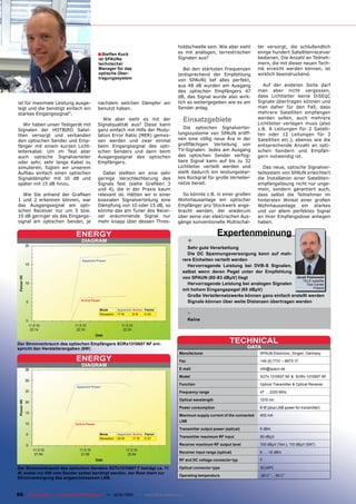 holdschwelle sein. Wie aber sieht         ter versorgt, die schlußendlich
                                            ■ Steffen Kuck                       es mit analogen, terrestrischen           einige hundert Satellitenreceiver
                                            ist SPAUNs                           Signalen aus?                             bedienen. Die Anzahl an Teilneh-
                                            technischer                                                                    mern, die mit dieser neuen Tech-
                                            Manager für das                         Bei den stärksten Frequenzen           nik erreicht werden können, ist
                                            optische Über-                       (entsprechend der Empfehlung              wirklich beeindruckend.
                                            tragungssystem                       von SPAUN) lief alles perfekt,
                                                                                 aus 48 dB wurden am Ausgang                 Auf der anderen Seite darf
                                                                                 des optischen Empfängers 47               man aber nicht vergessen,
                                                                                 dB, das Signal wurde also wirk-           dass Lichtleiter keine DiSEqC
ist für maximale Leistung ausge-            nachdem welchen Dämpfer wir          lich so weitergegeben wie es am           Signale übertragen können und
legt und die benötigt einfach ein           benutzt haben.                       Sender anlag.                             man daher für den Fall, dass
starkes Eingangssignal“.                                                                                                   mehrere Satelliten empfangen
                                               Wie aber sieht es mit der           Einsatzgebiete                          werden sollen, auch mehrere
                                                                                                                           Lichtleiter verlegen muss (also
   Wir haben unser Testgerät mit            Signalqualität aus? Diese kann
                                                                                    Die optischen Signalvertei-            z.B. 8 Leitungen für 2 Satelli-
Signalen der HOTBIRD Satel-                 ganz einfach mit Hilfe der Modu-
liten versorgt und verbanden                lation Error Ratio (MER) gemes-      lungssysteme von SPAUN eröff-             ten oder 12 Leitungen für 3
den optischen Sender und Emp-               sen werden und zwar einmal           nen eine völlig neue Ära in der           Satelliten etc.), ebenso wie die
fänger mit einem kurzen Licht-              beim Eingangssignal des opti-        großflächigen Verteilung von              entsprechende Anzahl an opti-
leiterkabel. Um im Test aber                schen Senders und dann beim          TV-Signalen. Jedes am Ausgang             schen Sendern und Empfän-
auch optische Signalverteiler               Ausgangssignal des optischen         des optischen Sender verfüg-              gern notwendig ist.
oder sehr, sehr lange Kabel zu              Empfängers.                          bare Signal kann auf bis zu 32
simulieren, fügten wir unserem                                                   Lichtleiter verteilt werden und              Das neue, optische Signalver-
Aufbau einfach einen optischen                Dabei stellten wir eine sehr       stellt dadurch ein leistungsstar-         teilsystem von SPAUN erleichtert
Signaldämpfer mit 10 dB und                 geringe Verschlechterung des         kes Rückgrat für große Verteiler-         die Installation einer Satelliten-
später mit 15 dB hinzu.                     Signals fest (siehe Grafiken 3       netze bereit.                             empfangslösung nicht nur unge-
                                            und 4), die in der Praxis kaum                                                 mein, sondern garantiert auch,
   Wie Sie anhand der Grafiken              relevant ist. Hätten wir in einer      So könnte z.B. in einer großen          dass selbst die Teilnehmer im
1 und 2 erkennen können, war                koaxialen Signalverteilung eine      Wohnhausanlage ein optischer              hintersten Winkel einer großen
das Ausgangssignal am opti-                 Dämpfung von 10 oder 15 dB, so       Empfänger pro Stockwerk ange-             Wohnhausanlage ein starkes
schen Receiver nur um 5 bzw.                könnte das am Tuner des Recei-       bracht werden, der wiederum               und vor allem perfektes Signal
10 dB geringer als das Eingangs-            ver ankommende Signal nur            über seine vier elektrischen Aus-         an ihrer Empfangsdose anliegen
signal am optischen Sender, je              mehr knapp über dessen Thres-        gänge konventionelle Multischal-          haben.

                             ENERGY                                                                   Expertenmeinung
                                DIAGRAM                                                +
                                                                                     Sehr gute Verarbeitung
                                                                                     Die DC Spannungsversorgung kann auf meh-
                                 Apparent Power                                    rere Einheiten verteilt werden
                                                                                     Hervorragende Leistung bei DVB-S Signalen,
                                                                                   selbst wenn deren Pegel unter der Empfehlung
                                                                                   von SPAUN (80-83 dBµV) liegt                     Jacek Pawlowski
                                                                                                                                       TELE-satellite
                                                                                     Hervorragende Leistung bei analogen Signalen         Test Center
                                                                                                                                               Poland
                                                                                   mit hohem Eingangspegel (85 dBµV)
                                                                                     Große Verteilernetzwerke können ganz einfach erstellt werden
                                Active Power
                                                                                     Signale können über weite Distanzen übertragen werden

                                                                                       -
                                            Mode        Apparent Active Factor
                                            Reception   17 W     6W     0.35
                                                                                       Keine




Der Stromverbrauch des optischen Empfängers SORx1310607 NF ent-
                                                                                                             TECHNICAL
spricht den Herstellerangaben (6W)                                                                                    DATA
                                                                                 Manufacturer                               SPAUN Electronic, Singen, Germany
                             ENERGY                                              Fax                                        +49 (0) 7731 – 8673-17
                                DIAGRAM
                                                                                 E-mail                                     info@spaun.de

                                                                                 Model                                      SOTx 1310607 NF & SORx 1310607 NF

                                                                                 Function                                   Optical Transmitter & Optical Receiver
                             Apparent Power
                                                                                 Frequency range                            47 … 2200 MHz

                                                                                 Optical wavelength                         1310 nm
                                                                                 Power consumption                          6 W (plus LNB power for transmitter)

                                                                                 Maximum supply current of the connected    400 mA
                                                                                 LNB
                             Active Power
                                                                                 Transmitter output power (optical)         6 dBm
                                            Mode        Apparent Active Factor
                                            Reception   29 W     11 W   0.37
                                                                                 Transmitter maximum RF input               95 dBµV

                                                                                 Receiver maximum RF output level           100 dBµV (Terr.), 110 dBµV (SAT)

                                                                                 Receiver input range (optical)             0 … -12 dBm
                                                                                 RF and DC voltage connector typ            F

Der Stromverbrauch des optischen Senders SOTx1310607 F beträgt ca. 11            Optical connector type                     SC/APC
W, wobei nur 6W vom Sender selbst benötigt werden, der Rest dient zur
                                                                                 Operating temperature                      -20 C° ... 50 C°
Stromversorgung des angeschlossenen LNB.



66 TELE-satellite — Global Digital TV Magazine — 12-01/201 — www.TELE-satellite.com
                                                         1
 
