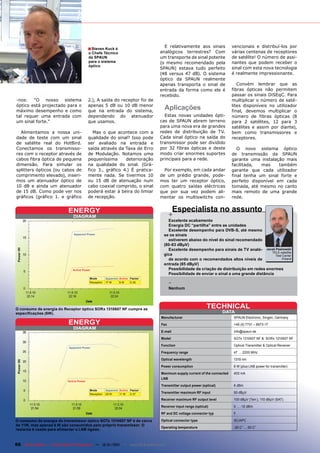 E relativamente aos sinais              vencionais e distribuí-los por
                                            ■ Steven Kuck é
                                            o Chefe Técnico                      analógicos terrestres? Com                várias centenas de receptores
                                            da SPAUN                             um transporte de sinal potente            de satélite! O número de assi-
                                            para o sistema                       (o mesmo recomendado pela                 nantes que podem receber o
                                            óptico
                                                                                 SPAUN) estava tudo perfeito               sinal com esta nova tecnologia
                                                                                 (48 versus 47 dB). O sistema              é realmente impressionante.
                                                                                 óptico da SPAUN realmente
                                                                                 apenas transporta o sinal de                 Convém lembrar que as
                                                                                 entrada da forma como ele é               fibras ópticas não permitem
                                                                                 recebido.                                 passar os sinais DiSEqC. Para
-nos: “O nosso sistema                      2.), A saída do receptor foi de                                                multiplicar o número de saté-
óptico está projectado para o               apenas 5 dB ou 10 dB menor                                                     lites disponíveis no utilizador
máximo desempenho e como                    que na entrada do sistema,
                                                                                   Aplicações                              final, devemos multiplicar o
tal requer uma entrada com                  dependendo do atenuador                Estas novas unidades ópti-              número de fibras ópticas (8
um sinal forte.”                            que usamos.                          cas de SPAUN abrem terreno                para 2 satélites, 12 para 3
                                                                                 para uma nova era de grandes              satélites e assim por diante),
  Alimentamos a nossa uni-                     Mas o que acontece com a          redes de distribuição de TV.              bem como transmissores e
dade de teste com um sinal                  qualidade do sinal? Isso pode        Cada sinal óptico na saída do             receptores.
de satélite real do HotBird.                ser avaliado na entrada e            transmissor pode ser dividido
Conectamos os transmisso-                   saída através da Taxa de Erro        por 32 fibras ópticas e deste                O novo sistema óptico
res com o receptor através de               de Modulação. Notamos uma            modo criar enormes suportes               de transmissão da SPAUN
cabos fibra óptica de pequena               pequeníssima      deterioração       principais para a rede.                   garante uma instalação mais
dimensão. Para simular os                   na qualidade do sinal. (Grá-                                                   facilitada,  mas     também
splitters ópticos (ou cabos de              fico 3., gráfico 4.) É pratica-        Por exemplo, em cada andar              garante que cada utilizador
comprimento elevado), inseri-               mente nada. Se tivermos 10           de um prédio grande, pode-                final tenha um sinal forte e
mos um atenuador óptico de                  ou 15 dB de atenuação num            mos ter um receptor óptico,               perfeito disponível em cada
10 dB e ainda um atenuador                  cabo coaxial comprido, o sinal       com quatro saídas eléctricas              tomada, até mesmo no canto
de 15 dB. Como pode ver nos                 poderá estar à beira do limiar       que por sua vez podem ali-                mais remoto de uma grande
gráficos (gráfico 1. e gráfico              de recepção.                         mentar os multiswitchs con-               rede.


                             ENERGY                                                        Especialista no assunto
                                DIAGRAM                                                +
                                                                                    Excelente acabamento
                                                                                    Energia DC “partilha” entre as unidades
                                                                                    Excelente desempenho para DVB-S, até mesmo
                                 Apparent Power                                   se os sinais
                                                                                    estiverem abaixo do nível do sinal recomendado
                                                                                  (80-83 dBμV)
                                                                                    Excelente desempenho para sinais de TV analó- Jacek Pawlowski
                                                                                                                                         TELE-satellite
                                                                                  gica                                                     Test Center
                                                                                    de acordo com o recomendados altos níveis de                Poland
                                                                                  entrada (85 dBμV)
                                Active Power                                        Possibilidade da criação de distribuição em redes enormes
                                                                                    Possibilidade de enviar o sinal a uma grande distância
                                            Mode        Apparent Active Factor
                                            Reception   17 W     6W     0.35
                                                                                       -
                                                                                       Nenhum




O consumo de energia do Receptor óptico SORx 1310607 NF cumpre as
                                                                                                             TECHNICAL
especificações (6W).                                                                                                  DATA
                                                                                 Manufacturer                               SPAUN Electronic, Singen, Germany
                             ENERGY                                              Fax                                        +49 (0) 7731 – 8673-17
                                DIAGRAM
                                                                                 E-mail                                     info@spaun.de

                                                                                 Model                                      SOTx 1310607 NF & SORx 1310607 NF

                                                                                 Function                                   Optical Transmitter & Optical Receiver
                             Apparent Power
                                                                                 Frequency range                            47 … 2200 MHz

                                                                                 Optical wavelength                         1310 nm
                                                                                 Power consumption                          6 W (plus LNB power for transmitter)

                                                                                 Maximum supply current of the connected    400 mA
                                                                                 LNB
                             Active Power
                                                                                 Transmitter output power (optical)         6 dBm
                                            Mode        Apparent Active Factor
                                            Reception   29 W     11 W   0.37
                                                                                 Transmitter maximum RF input               95 dBµV

                                                                                 Receiver maximum RF output level           100 dBµV (Terr.), 110 dBµV (SAT)

                                                                                 Receiver input range (optical)             0 … -12 dBm
                                                                                 RF and DC voltage connector typ            F

O consumo de energia do transmissor óptico SOTx 1310607 NF é de cerca            Optical connector type                     SC/APC
de 11W, mas apenas 6 W são consumidos pelo próprio transmissor. O
                                                                                 Operating temperature                      -20 C° ... 50 C°
restante é usado para alimentar o LNB ligado.



66 TELE-satellite — Global Digital TV Magazine — 12-01/201 — www.TELE-satellite.com
                                                         1
 