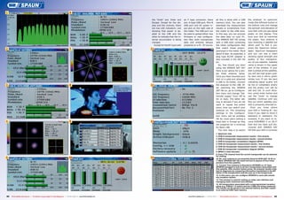 1                                                                                   6

                                                                                                                          the “knob” are: Enter and        an F type connector, there               all this is done with a USB                 the analyzer to spectrum
                                                                                                                          Escape. Except for the dis-      are: A-type USB port, Mini-B             memory stick. You can also                  mode (the leftmost button in
                                                                                                                          play and the controls, there     USB port and DC power in-                download the measurement                    the bottom row) and change
                                                                                                                          are two LED indicators: one      put jack on the right side of            results or screenshots from                 the azimuth and elevation of
                                                                                                                          showing that power is ap-        the meter. The USB port can              the meter to the USB stick.                 your dish until you see signal
                                                                                                                          plied to the LNB and the         be used to upload either new             In this way, you can process                peaks on the display. Fine
                                                                                                                          other to indicate that the in-   firmware or new configura-               the data later on your PC.                  tune your dish to maximize
                                                                                                                          ternal accumulator is being      tion files (with transponder             The SPAROS SAT HD comes                     the peaks. Your antenna is
                                                                                                                          charged.                         data and antenna setups)                 with a USB stick containing                 now receiving a satellite but
                                                                                                                            Except for the RF input with   prepared on a PC. Of course,             the initial configuration files             which one? To find it out,
                                                                                                                                                                                                    that match those prepro-                    press the Spectrum button
2                                                                                   7                                     11
                                                                                                                                                                                                    grammed in the meter. More                  again. Spectrum disappears
                                                                                                                                                                                                    about it later. As expected, a              and you can see a chart
                                                                                                                                                                                                    plug type AC/DC adapter is                  showing signal strength and
                                                                                                                                                                                                    also included in the SAT HD                 quality of four transpond-
                                                                                                                                                                                                    kit.                                        ers of one satellite. Satellite
                                                                                                                                                                                                       So, how should you start                 name is shown in the upper
                                                                                                                                                                                                    using the SPAROS SAT HD?                    part of the window. If your
                                                                                                                                                                                                    Here is our advice for a sim-               dish is aimed at this satellite,
                                                                                                                                                                                                    ple fixed antenna setup.                    you will see high green qual-
                                                                                                                                                                                                    Once you have mounted your                  ity bars and a merry green
                                                                                                                                                                                                    dish on a pole and attached                 smiley icon. If not, the bars
                                                                                                                                                                                                    a LNB to its holder, connect                indicating signal quality will
3                                                                                   8                                     12                                                                        the analyzer to the LNB. Af-                be low or completely empty
                                                                                                                                                                                                    ter switching the SPAROS                    and the smiley icon will be
                                                                                                                                                                                                    SAT HD on, go to Configura-                 sad and red. In such situa-
                                                                                                                                                                                                    tion menu and change “Sat.                  tion, press enter button and
                                                                                                                                                                                                    remote supply” from Off to                  use the “knob” to change
                                                                                                                                                                                                    On or Auto. The latter set-                 satellite. Continue until you
                                                                                                                                                                                                    ting is advised if you do not               find out which satellite your
                                                                                                                                                                                                    want to repeat the action                   dish is presently directed to.
                                                                                                                                                                                                    every time you switch your                     Once you know where
                                                                                                                                                                                                    analyzer on. The remaining                  your dish is “looking at”, you
                                                                                                                                                                                                    settings in the Configura-                  know if you need to move it
                                                                                                                                                                                                    tion menu will be probably                  eastward or westward. For
                                                                                                                                                                                                    OK for most users setting a                 example, if you want to re-
4                                                                                   9                                     13                                                                        fixed dish in Europe as they                ceive EUROBIRD 2 on 28.2°
                                                                                                                                                                                                    are prepared for a universal                East and you have just dis-
                                                                                                                                                                                                    Ku-Band LNB.                                covered with SPAROS SAT
                                                                                                                                                                                                       The next step is to switch               HD that your dish is currently
                                                                                                                                                                                                    1. Spectrum view
                                                                                                                                                                                                    2. DVB-S transponder measurement results – first window
                                                                                                                                                                                                    3. DVB-S transponder measurement results – second window
                                                                                                                                                                                                    4. DVB-S transponder constellation diagram (QPSK)
                                                                                                                                                                                                    5. DVB-S2 transponder measurement results – first window
                                                                                                                                                                                                    6. DVB-S2 transponder measurement results – second window
                                                                                                                                                                                                    7. DVB-S2 transponder constellation diagram (8PSK)
                                                                                                                                                                                                    8. MPEG-2 video decoded
                                                                                                                                                                                                    9. Every FTA channel from the current transponder can be selected
                                                                                                                                                                                                    for viewing
5                                                                                  10                                     14                                                                        10. No, your antenna is not presently aimed at INTELSAT 10-02 on
                                                                                                                                                                                                    1° West; SPAROS SAT HD could not lock to anyone of four trans-
                                                                                                                                                                                                    ponders from this satellite.
                                                                                                                                                                                                    11. Correct! Your antenna is directed to HOTBIRD on 13° East.
                                                                                                                                                                                                    SPAROS managed to lock to all four transponders associated with
                                                                                                                                                                                                    this satellite. After another button press, the analyzer double chec-
                                                                                                                                                                                                    ked its diagnosis by comparing information transmitted in the NIT
                                                                                                                                                                                                    tables of the transponders (see the pop-up in the foreground).
                                                                                                                                                                                                    12. In this menu, you can configure SPAROS to work with almost
                                                                                                                                                                                                    any reception system.
                                                                                                                                                                                                    13. This window is used for setting up meter user interface and
                                                                                                                                                                                                    managing meter memories and software.
                                                                                                                                                                                                    14. All transponders associated with a preprogrammed reception
                                                                                                                                                                                                    setup (e.g. DiSEqC 1.0 switch and four LNBs) are being measured.
                                                                                                                                                                                                    The results can be stored in the internal memory and later copied
                                                                                                                                                                                                    to an external USB Flash memory.


62   TELE-satellite International — The World‘s Largest Digital TV Trade Magazine — 04-05/2012 — www.TELE-satellite.com                                        www.TELE-satellite.com — 04-05/2012 — TELE-satellite International — The World‘s Largest Digital TV Trade Magazine   63
 