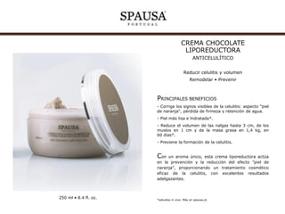 GEL TÉRMICO INOV

ADELGAZANTE EFECTO CALOR
Reducir aspecto “piel de naranja”
Alisar • Activar

PRINCIPALES BENEFICIOS
- Mejora la apariencia visible de la celulitis en 21%,
después de 3 semanas*.
- Reduce la acumulación de lípidos hasta 37%, en
10 días**.
- Sensación de calor en la piel, mejorando el efecto
adelgazante e reductor.
- Enriquecido con cafeína, extractos vegetales y aceites
esenciales, con reconocidas propiedades anticelulíticas.

Con

una sensación térmica y aromática, este gel de
efecto caliente ofrece una eficacia superior en el
tratamiento cosmético de la celulitis debido a su fuerte
acción reductora, disminuyendo las irregularidades en
la superficie de la piel.

250 ml • 8.4 fl. oz.

*estudios in vivo. **estudios in vitro. Más en spausa.pt.

 