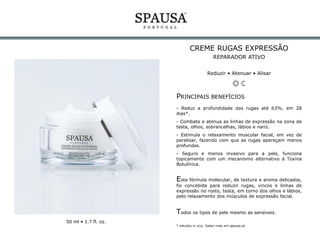 CORRETOR DE MANCHAS ABSOLUTO
ILUMINADOR HIDRATANTE
Corrigir • Uniformizar • Iluminar • Hidratar

PRINCIPAIS BENEFÍCIOS
- Corrige e diminui as manchas e imperfeições da pele
até 79%, após 4 semanas*.
- Uniformiza, reestrutura e ilumina a tez*.
- Pele mais hidratada, flexível e confortável por
24 horas.

Creme de rosto corretor, com ação despigmentante e
microesfoliante, que reduz visivelmente as manchas e
imperfeições da pele, para uma tez mais uniforme e
hidratada, devolvendo-lhe a luminosidade e brilho
originais.

Todos os tons e tipos de pele mesmo as sensíveis.
50 ml • 1.7 fl. oz.

* estudos in vivo. Saber mais em spausa.pt.

 