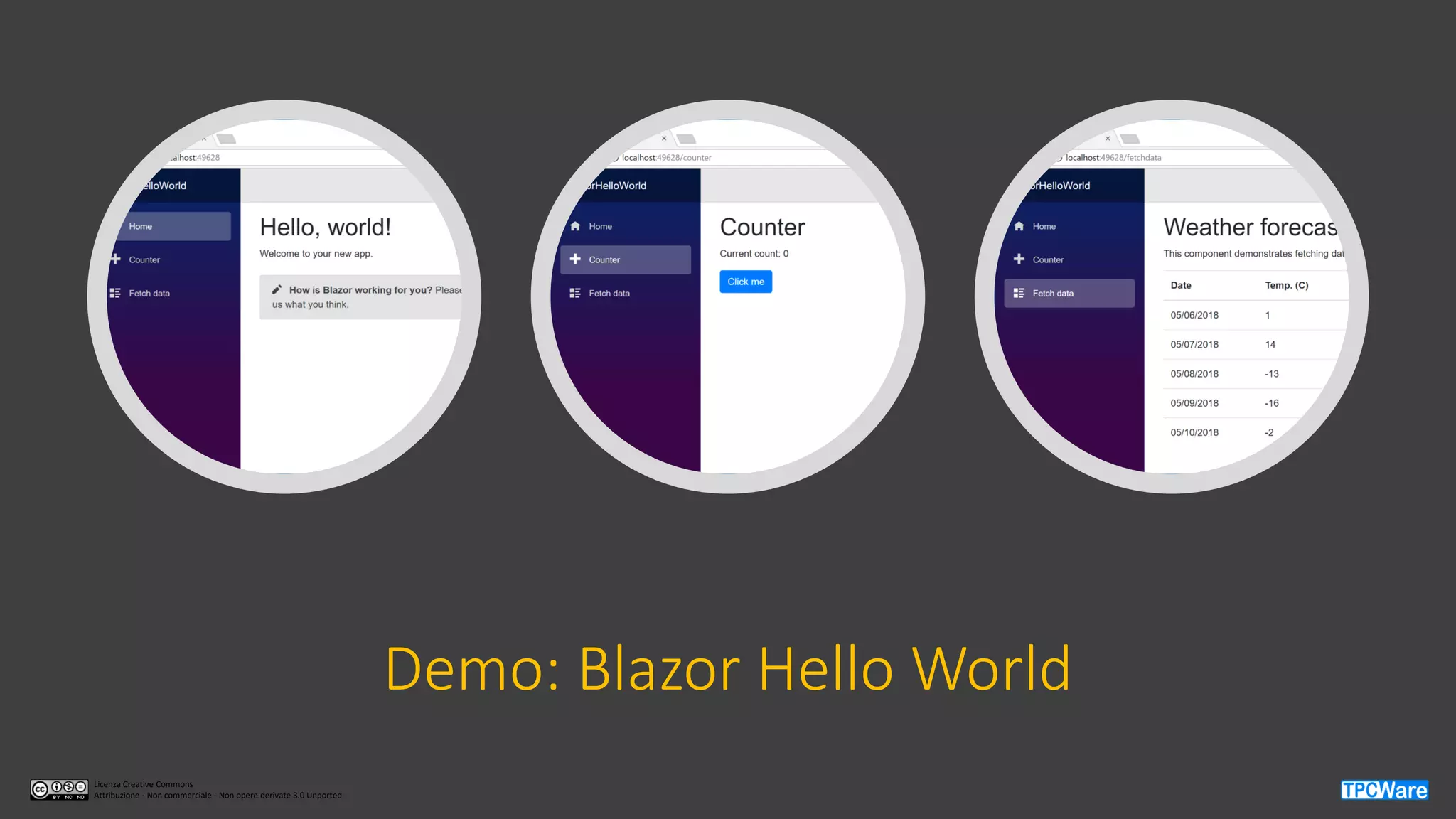 Licenza Creative Commons
Attribuzione - Non commerciale - Non opere derivate 3.0 Unported
Demo: Blazor Hello World
 