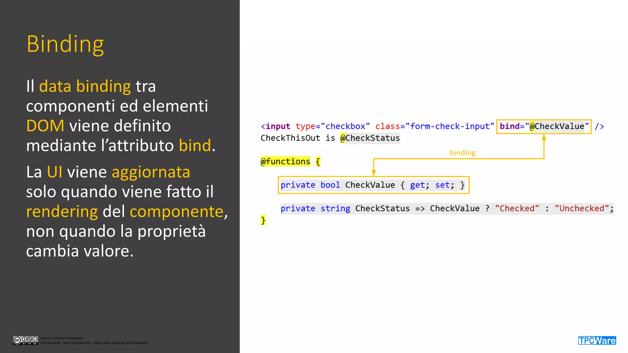 Licenza Creative Commons
Attribuzione - Non commerciale - Non opere derivate 3.0 Unported
Licenza Creative Commons
Attribuzione - Non commerciale - Non opere derivate 3.0 Unported
Binding
Il data binding tra
componenti ed elementi
DOM viene definito
mediante l’attributo bind.
La UI viene aggiornata
solo quando viene fatto il
rendering del componente,
non quando la proprietà
cambia valore.
binding
 