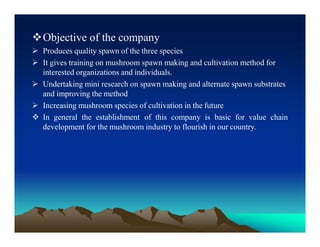 Objective of the company
 Produces quality spawn of the three species
 It gives training on mushroom spawn making and cultivation method for
interested organizations and individuals.
 Undertaking mini research on spawn making and alternate spawn substrates
and improving the method
 Increasing mushroom species of cultivation in the future
 In general the establishment of this company is basic for value chain
development for the mushroom industry to flourish in our country.
 