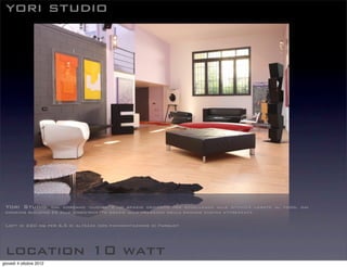 yori studio




 Yori Studio,     dal coreano ‘cucina’ è lo spazio dedicato per eccellenza alle attività legate al food, dai
 cooking building ed alle video-ricette grazie alla presenza della grande cucina attrezzata

 Loft di 220 mq per 6,5 di altezza con pavimentazione di parquet




 location 10 watt
giovedì 4 ottobre 2012
 