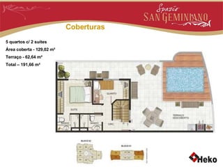 Coberturas 5 quartos c/ 2 suítes Área coberta - 129,02 m² Terraço - 62,64 m² Total – 191,66 m² 