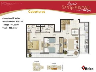 Coberturas 4 quartos c/ 2 suítes Área coberta – 97,83 m² Terraço – 41,60 m² Total – 139,43 m² 
