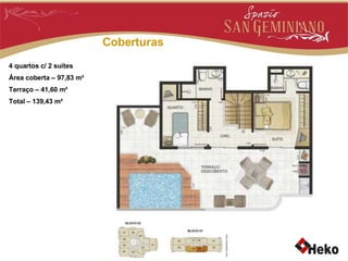 Coberturas 4 quartos c/ 2 suítes Área coberta – 97,83 m² Terraço – 41,60 m² Total – 139,43 m² 