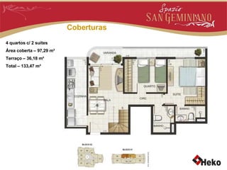 Coberturas 4 quartos c/ 2 suítes Área coberta – 97,29 m² Terraço – 36,18 m² Total – 133,47 m² 