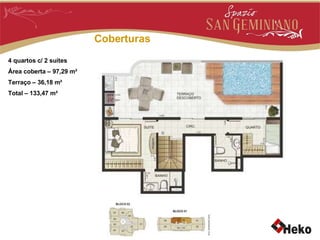 Coberturas 4 quartos c/ 2 suítes Área coberta – 97,29 m² Terraço – 36,18 m² Total – 133,47 m² 