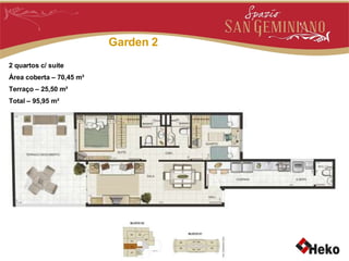 Garden 2 2 quartos c/ suíte Área coberta – 70,45 m² Terraço – 25,50 m² Total – 95,95 m² 