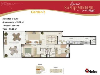 Garden 3 2 quartos c/ suíte Área coberta – 70,18 m² Terraço – 26,02 m² Total – 96,20 m² 