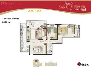 Apt. Tipo 3 quartos c/ suíte 85,08 m² 