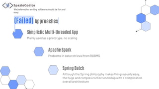 We believe that writing software should be fun and
easy
Spring Batch
Although the Spring philosophy makes things usually easy,
the huge and complex context ended up with a complicated
overall architecture
Simplistic Multi-threaded App
Mainly used as a prototype, no scaling
Apache Spark
Problems in data retrieval from RDBMS
(Failed) Approaches
 