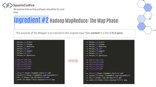 We believe that writing software should be fun and
easy
Ingredient #2 Hadoop MapReduce: The Map Phase
The purpose of the Mapper is to transform the original input files content in a list of K,V pairs.
 