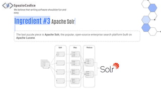 We believe that writing software should be fun and
easy
Ingredient #3 Apache Solr
The last puzzle piece is Apache Solr, the popular, open-source enterprise search platform built on
Apache Lucene.
 