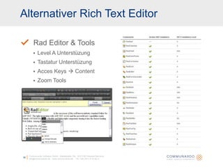 Alternativer Rich Text EditorCommunardo Software GmbH · Kleiststraße 10a · D-01129 Dresden/Germanyinfo@communardo.de · www.communardo.de ·  Tel. +49 (351) 8 33 82-018Rad Editor & ToolsLevel A UnterstüzungTastatur UnterstüzungAccesKeys ContentZoom Tools