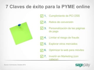 7 Claves de éxito para la PYME online
                                  1. Cumplimiento de PCI DSS

                                  2. Ratios de conversión

                                  3. Personalización de las páginas
                                     de pago

                                  4. Limitar el riesgo de fraude

                                  5. Explorar otros mercados

                                  6. Optimizar la web para móviles

                                  7. Invertir en Marketing (con
                                     cabeza)
Source: Commscore. Octubre 2012
 