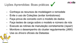 Lições Aprendidas: Boas práticas
- Conheça os recursos de modelagem e remodele
- Evite o uso de Coleções (evitar tombstones)
- Faça prova de conceito com o modelo de dados
- Faça testes de carga sobre o modelo e número de nós
- Execute as rotinas de manuteção corretamente (repair)
- Monitore o desempenho do cluster regularmente (JMX)
- Use os drivers oficiais da Datastax
 