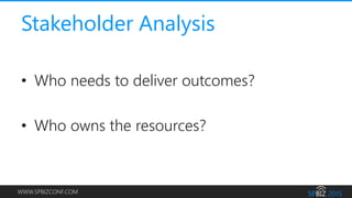 WWW.SPBIZCONF.COM
Stakeholder Analysis
• Who needs to deliver outcomes?
• Who owns the resources?
 