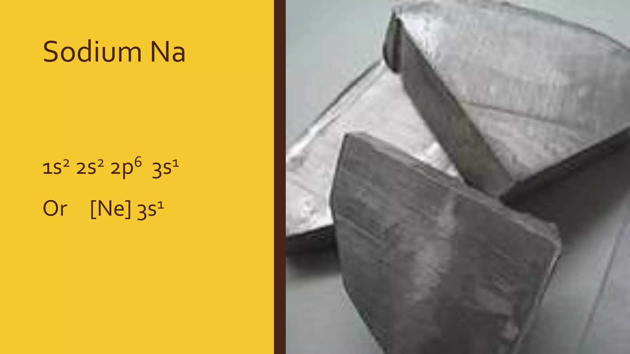 Sodium Na
1s2 2s2 2p6 3s1
Or [Ne] 3s1
 