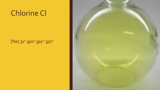 Chlorine Cl
[Ne] 3s2 3px2 3py2 3pz1
 