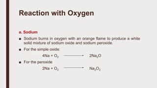 Reaction with Oxygen
a. Sodium
■ Sodium burns in oxygen with an orange flame to produce a white
solid mixture of sodium oxide and sodium peroxide.
■ For the simple oxide:
4Na + O2 2Na2O
■ For the peroxide
2Na + O2 Na2O2
 