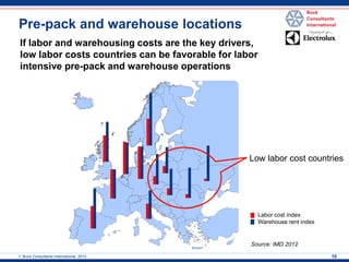  Buck Consultants International, 2013 
10 
Pre-pack and warehouse locations 
If labor and warehousing costs are the key drivers, low labor costs countries can be favorable for labor intensive pre-pack and warehouse operations 
Low labor cost countries 
Labor cost index Warehouse rent index 
Source: IMD 2012  