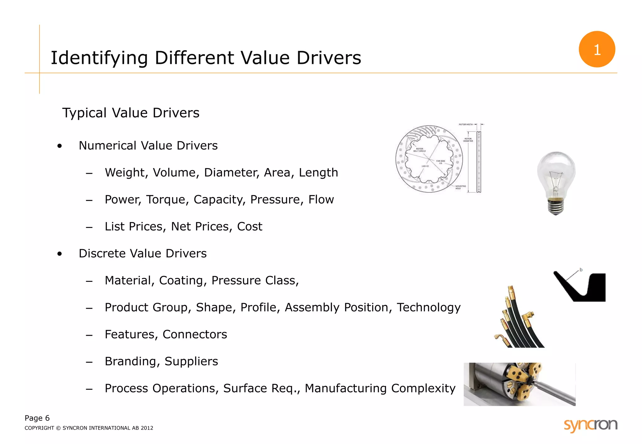 Page 6 
COPYRIGHT © SYNCRON INTERNATIONAL AB 2012 
Identifying Different Value Drivers 
•Numerical Value Drivers 
–Weight, Volume, Diameter, Area, Length 
–Power, Torque, Capacity, Pressure, Flow 
–List Prices, Net Prices, Cost 
•Discrete Value Drivers 
–Material, Coating, Pressure Class, 
–Product Group, Shape, Profile, Assembly Position, Technology 
–Features, Connectors 
–Branding, Suppliers 
–Process Operations, Surface Req., Manufacturing Complexity 
Typical Value Drivers 
1  