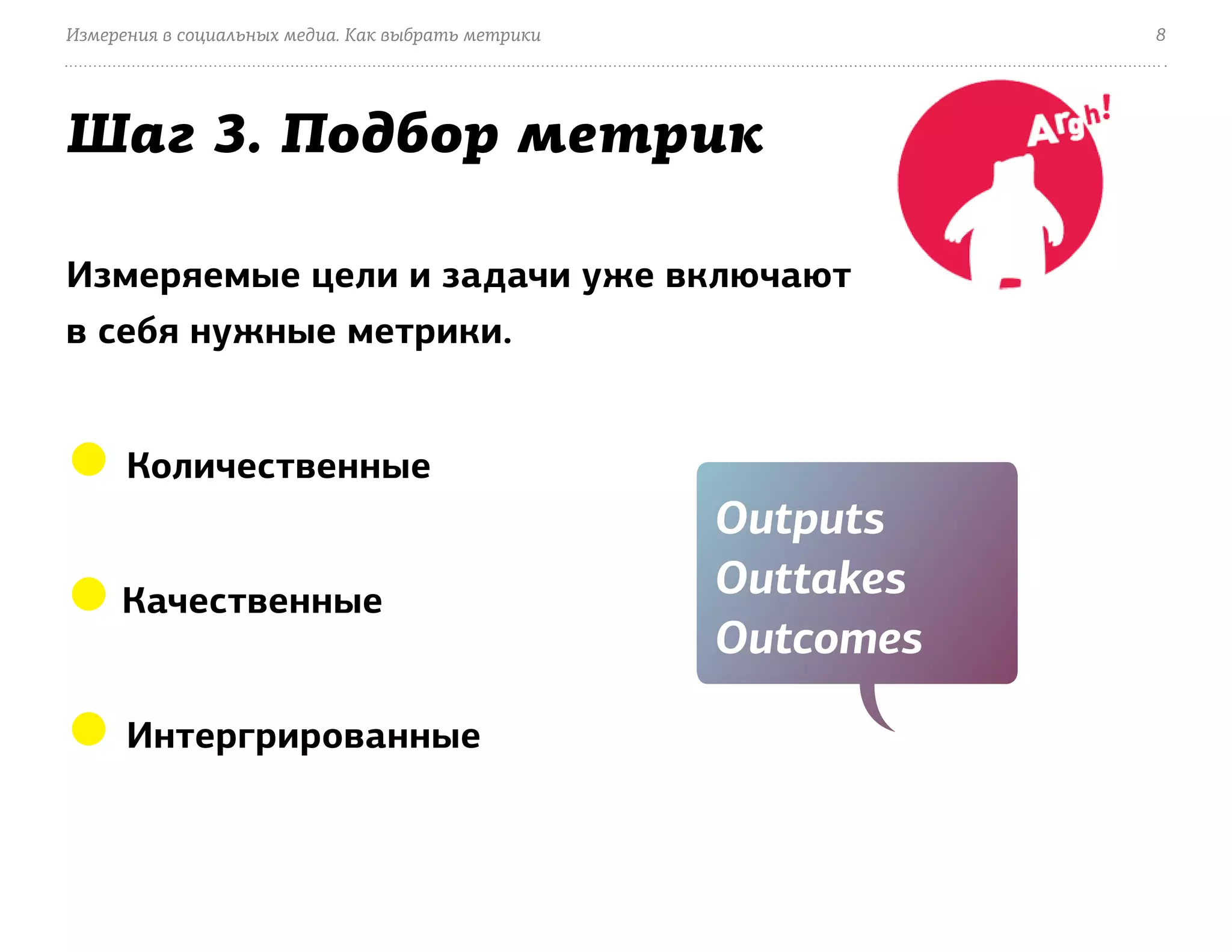 Измерения в социальных медиа. Как выбрать метрики              8




Шаг 3. Подбор метрик

Измеряемые цели и задачи уже включают
в себя нужные метрики.


● Количественные
                                                    Outputs
● Качественные                                      Outtakes
                                                    Outcomes

● Интергрированные
 